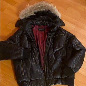 The black leather jacket with hood for men.